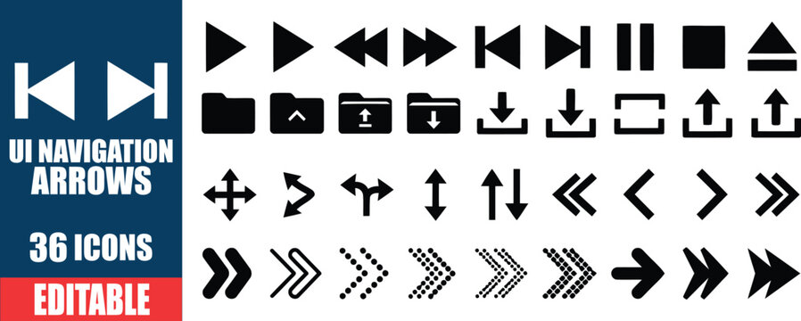 Collection of 36 editable UI navigation arrows and media player control icons in black and white.