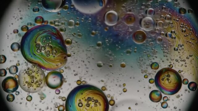 abstract colorful oil and water bubble macro, iridescent swirls, science experiment, dynamic motion, background texture