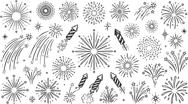  Hand Drawn Firework Sketch Pattern, Black and White Celebration Design