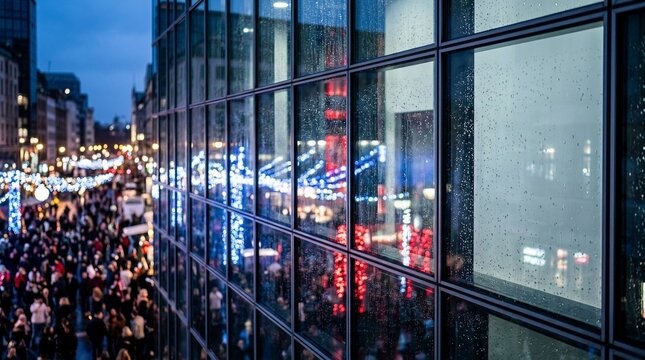Modern urban reflection of tricolor festive lights on a glass building facade with copy space.