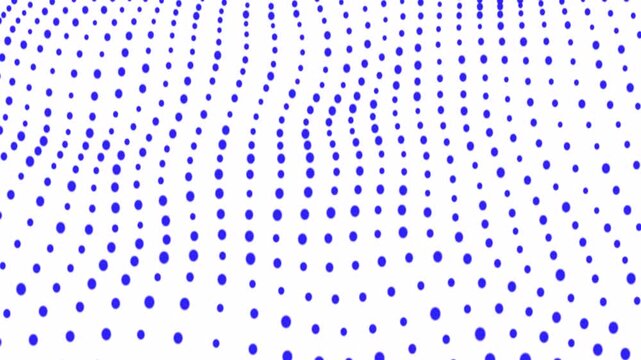 Abstract background featuring a flowing wave of blue dots on a white backdrop an composed of circular arranged in wave like