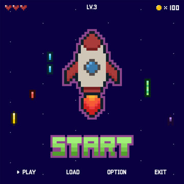 8-bit pixel art retro space rocket arcade game illustration vector template