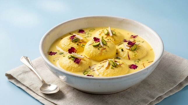 Traditional Indian Rasmalai dessert in a white bowl with saffron milk, pistachios, and rose petals on a linen napkin