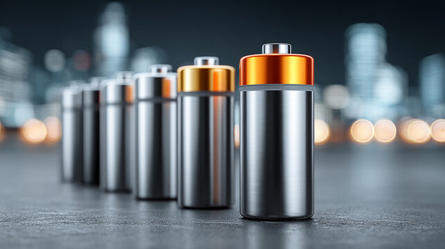Row of metallic supercapacitors standing on a dark surface with a blurred city light background