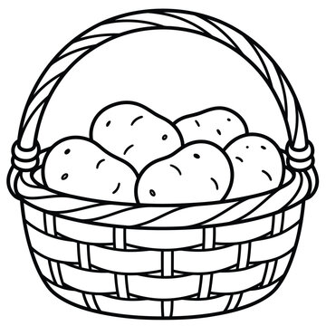 raw potatoes in wicker basket line art vector illustration