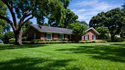 Obraz premium Charming single-story brick house surrounded by lush green lawn and mature trees on a sunny day
