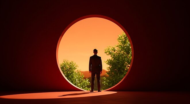 Silhouette of a person standing in a circular portal, looking at a landscape