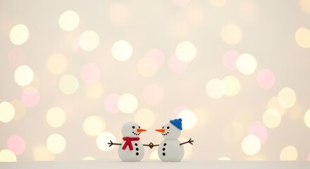 Fototapeta premium Two snowmen holding hands against soft bokeh background festive scene