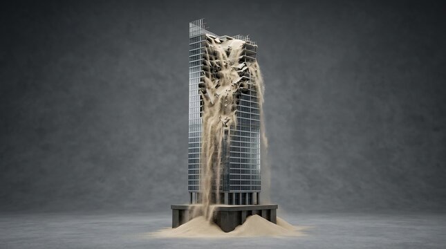 Surreal 3D render of a contemporary glass office tower crumbling and transforming into falling sand against a dark grey studio background