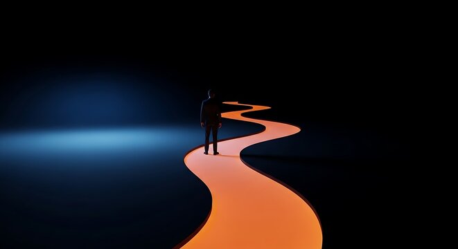 Silhouetted figure on illuminated path, dark background, representing journey and choices