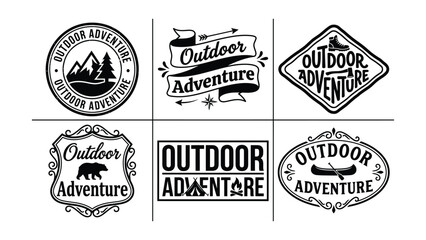 Obraz premium Collection of six black and white outdoor adventure graphic design logos and emblems