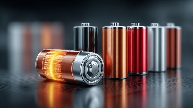 Glowing Supercapacitors and Cylindrical Batteries Arranged on a Dark Reflective Surface Studio Shot