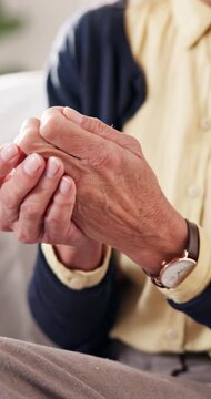 Hands, tension and old person with pain in fingers, arthritis complication or bad blood circulation. Retirement, elderly resident or sore in home with joint sprain, osteoporosis or chronic condition