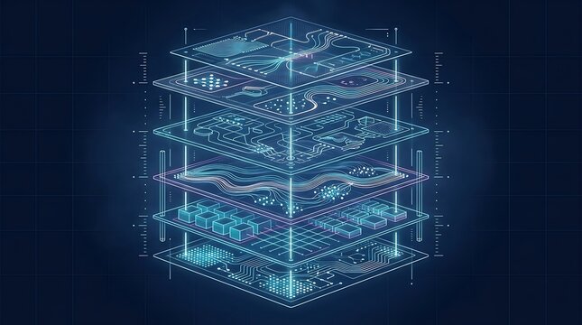 Abstract layered digital circuit board structure with glowing blue data pathways and interconnected electronic components in a futuristic tech concept transparent background