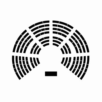 Minimalist black and white vector illustration depicting the top view seating arrangement of a formal government parliament assembly hall with orderly rows of rectangular chairs isolated on a white 