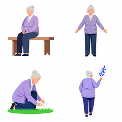 Fototapeta premium Set of elderly woman character illustrations in various poses: sitting on a bench, standing, feeding a bird, and walking with a branch. Flat vector style senior woman icon bundle.