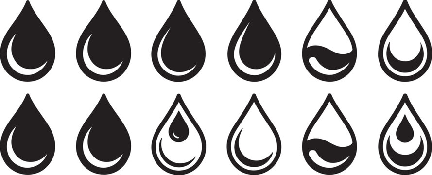 Water Drop Icons Set with Black Shapes and White Inner Highlights for Clean Hydration and Liquid Themes