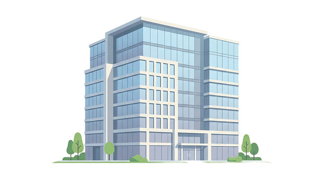 A flat of a tall modern corporate office building with blue glass windows and small green trees on a white background