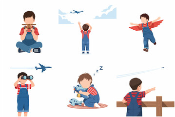 Fototapeta premium Little Boy Dreaming of Being a Pilot Illustration Set with Toy Airplanes and Aviation Activities