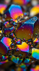Naklejka premium Close-up macro photography of vibrant rainbow titanium coated quartz mineral crystal cluster showing iridescent metallic geological textures