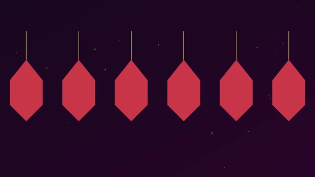 Red hexagon shapes hanging on strings motion animation 4k background, with floating particles, and dark purple aesthetic
