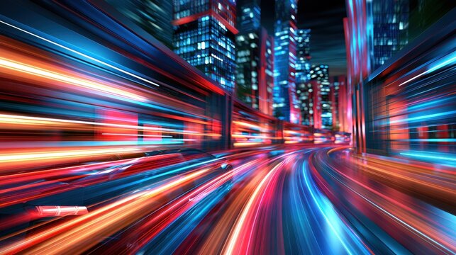 Futuristic cityscape with vibrant light trails of fast-moving traffic at night in urban environment