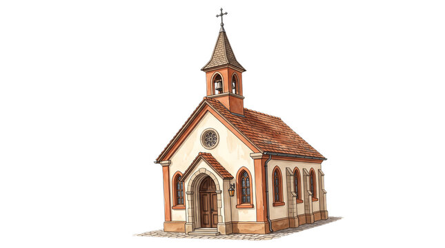 Watercolor illustration of a small traditional church building isolated on transparent background