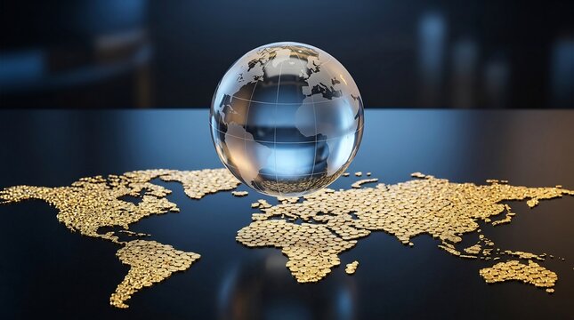 Transparent glass globe hovering over a world map made of gold coins on a dark reflective surface