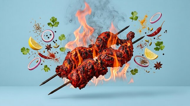 Spicy Grilled Tandoori Chicken Skewers with Floating Spices, Fresh Lemon, Onion, and Fire on Blue Background