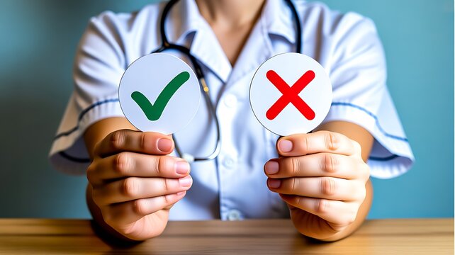 Healthcare professional showing correct and incorrect medical decision with approval and rejection symbols