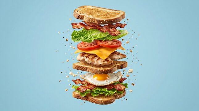 Deconstructed triple layer club sandwich with chicken, bacon, egg and vegetables floating on blue background