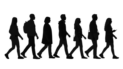 Obraz premium Silhouettes of people walking together in a line isolated on transparent background, Vector