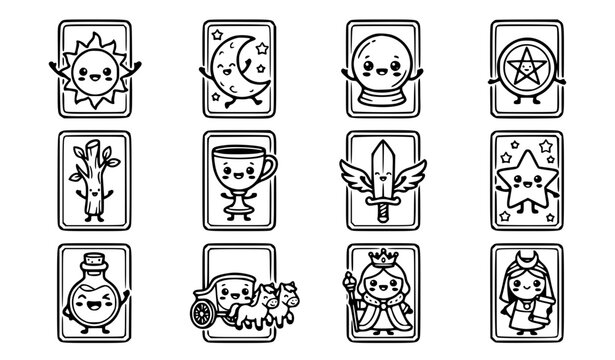 Cute kawaii tarot card character vector set with funny cartoon sun moon crystal ball pentacle sword chalice and sweet mystical magic line art for kids