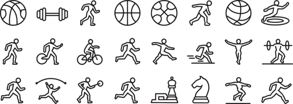 Billiards Ball and Sports Pictogram Set with Basketball, Soccer, Skate, and Exercise Icons in Outline Style