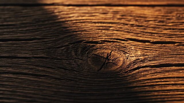 close up shot of weathered dark wood grain with knot and warm sunlight reflection