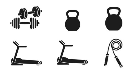 Black icons of various gym equipment on white background with dumbbells kettlebells treadmills treadmills jump rope equipment with equipment © Kamola