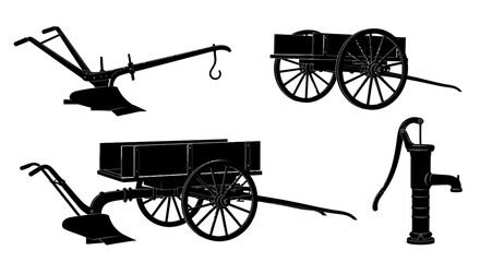 Vintage farm tools with black silhouettes antique farming tools vehicles vehicles including plows pump white background plows wagon water with illustration © Kamola