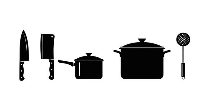 Black kitchen utensils with black silhouettes kitchen items white background cutting board preparation cookware cooking cooker knife sieve with food