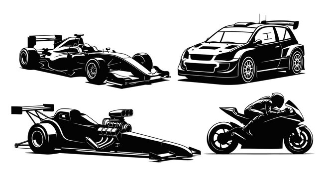Black and white illustration of various racing vehicles with including two race cars dragster motorcycle rider illustration four automotive with transport