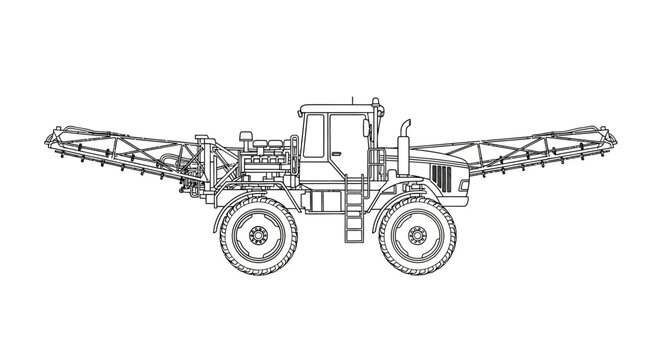 Detailed line drawing of a large industrial vehicle with outriggers with viewed side against white background construction equipment transport