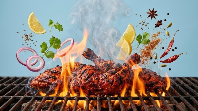 Marinated grilled chicken legs on a hot barbecue grate with floating spices, lemon, and vegetables against a blue background