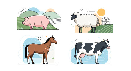 Obraz premium Set of clean line art illustrations of common farm animals including a pink pig, woolly sheep, brown horse, and spotted cow.