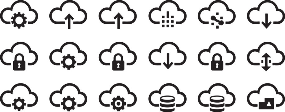 Cloud Network Icons Set with Gear, Security Lock, Upload and Download Arrows, and Database Cylinders in Black Style