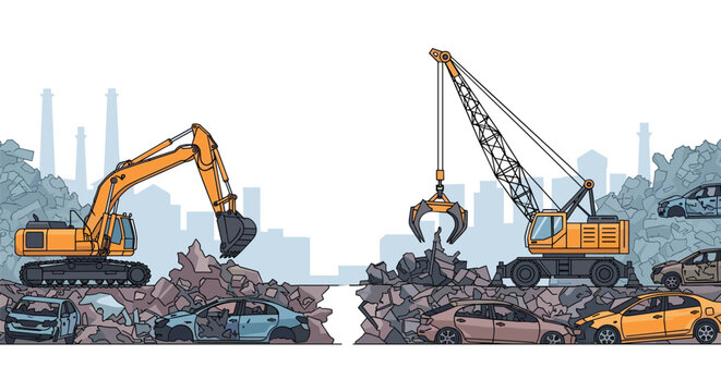 Heavy construction machinery including an excavator and a grapple crane working in a scrapyard filled with old cars and debris.