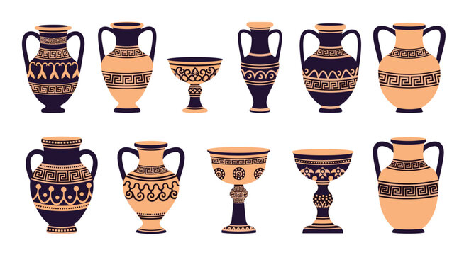 Collection of ancient Greek pottery vessels including amphorae and chalices decorated with traditional black and orange patterns.