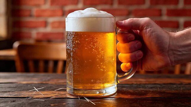 Hand holding glass of beer on wooden table