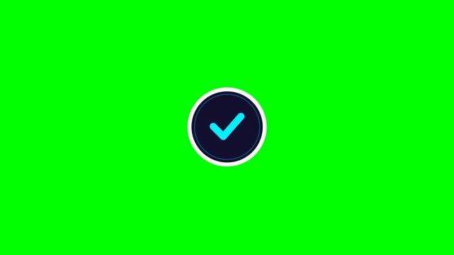 Close-up of a checkmark symbol on a blue button with a green background.