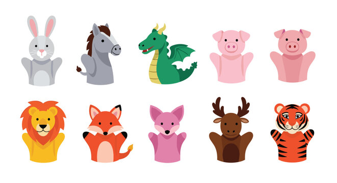 Set of adorable animal hand puppets for children featuring a rabbit, horse, dragon, pig, lion, fox, moose, and tiger.