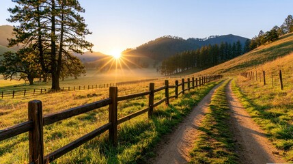 Scenic rural landscape with sunrise over mountains and country road through green pasture © Matthew