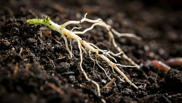 Pale plant taproot growing in dark crumbly loam &ndash; Perfect for botany education, soil science materials, or gardening guides.